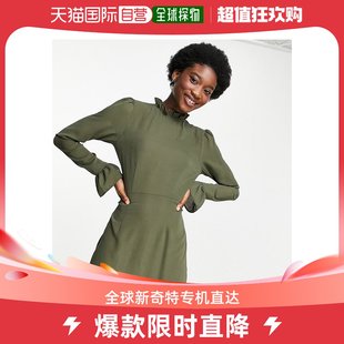 香港直邮潮奢 ASOS 女士设计褶边领迷你沟纹七分袖袖子连衣裙(卡)