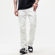 高档白色牛仔裤男美式复古潮牌修身直筒，设计感拉链裤脚锥型长裤子