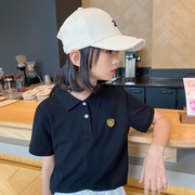 2023夏季黑色儿童polo衫女童短袖，t恤纯棉休闲有领子，polo领t恤百搭