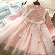 童装2024新年拜年服冬女童长袖，公主裙亮片，浅蓝色粉红色儿童连衣裙