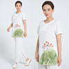 夏款短袖套装女士民族汉服，手绘亚麻古装，表演太极服白色wn1005