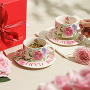 蓝莲花复古玫瑰咖啡杯碟，礼盒套装礼物，杯子一对陶瓷下午茶茶杯家用