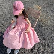 女童连衣裙2023夏韩版儿童无袖纯色公主裙小女孩设计感棉布度假裙