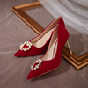 秀禾服婚鞋2024年酒红色珍珠高跟鞋女结婚鞋子新娘鞋婚纱红鞋