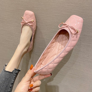 韩版单鞋女2023夏百搭女鞋平底鞋菱格面设计浅口方头鞋子粉色