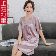 上海故事2024年睡衣女士夏季冰丝薄家居服仿真丝绸外穿睡裙