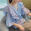 v领衬衫女气质女学生2024韩版夏季短袖蓝色条纹荷叶边上衣潮