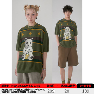 物理少年「熊猫机」针织纱线拼接透气短袖军绿色复古印花条纹T恤