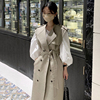 韩国chic法式翻领双排，扣系带无袖风衣，外套+简约圆领灯笼袖连衣裙