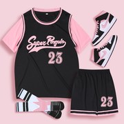 篮球服女套装夏季定制假两件运动比赛队服女生短袖t恤班服印字号