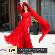 大红色雪纺沙滩裙子超长款连衣裙夏海边度假长袖大摆超仙长裙飘逸