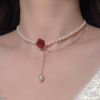 2023年网红红玫瑰珍珠项链女锁骨链轻奢小众高级设计感颈链