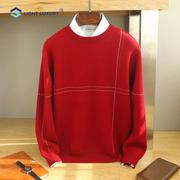 本命年大红男士羊绒衫，宽松圆领套头加厚毛衣针织，100纯羊毛打底衫