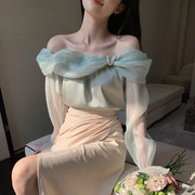 法式一字肩上衣女春款高级设计感春夏季超仙甜美仙女仙气雪纺衬衫