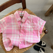 辰妈儿童衬衫24男女童韩版刺绣，字母短袖衬衣宝宝格子潮牌翻领上衣