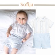 sofija婴儿服套装白色，纯棉翻领包屁衣淡蓝，条纹刺绣蓝色松紧短裤