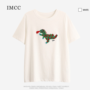 imcc喷火小恐龙t恤女卡通贴布刺绣白色上衣圆领短袖宽松打底衫ins
