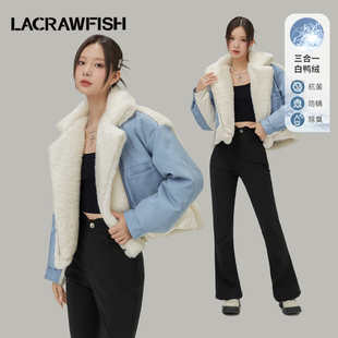 LA CRAWFISH韩系女高加厚翻领毛绒PU拼接90白鸭绒羽绒服女厚外套