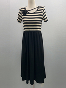 条纹拼接连衣裙夏设计感时尚减龄显瘦法式气质短袖假两件裙子