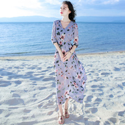 夏季修身五分袖中长超仙雪纺连衣裙泰国普吉岛海边度假三亚沙滩裙