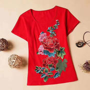 夏季民族风短款圆领纯棉T恤绣花复古中国风短袖修身女装上衣