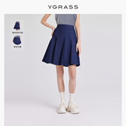 VGRASS藏青色微A解构印花半裙夏季仿牛仔色半身裙VSB1O21510