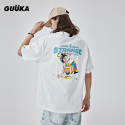 GUUKA潮牌白色重磅T恤男纯棉2023朋克青年落肩短袖男夏季宽松