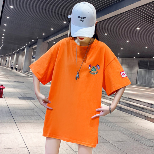2023年夏季橙色t恤短袖女ins中长款潮牌宽松半袖超a个性上衣
