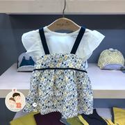 韩国中小童装 夏季女童宝宝黄色碎花吊带衫 吊带裙 半身裙套装