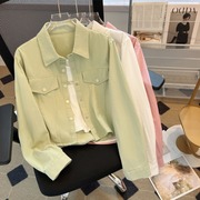浅绿色Polo领长袖衬衫外套女春季白色短款打底衫上衣时尚两件套装