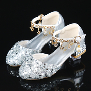 女童皮鞋演出公主鞋儿童高跟舞台走秀钢琴主持银色配晚礼服水晶鞋
