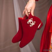 婚靴冬季加绒婚鞋结婚新娘孕妇平跟不累秀禾婚纱两穿敬酒红色高跟
