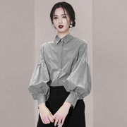 meixi定制小众黑白条纹，灯笼袖衬衫女潮2023秋秋气质减龄百搭时尚