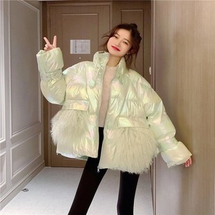 棉衣女冬季2020韩版宽松短款时尚加厚棉衣，外套荧光色面包服潮
