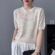 中国风短袖t恤女2024春夏季旗袍，领盘扣半袖针织上衣气质小衫