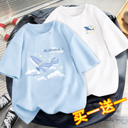 日系夏季t恤女2024纯棉，短袖夏体恤(夏体恤)小个子女生奶蓝色半袖夏款