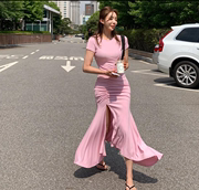 韩国女装 鱼尾造型不规则裙摆连衣裙夏女