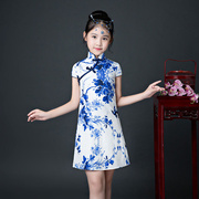 儿童旗袍大童中国风，女童青花瓷小女孩童装，连衣裙古筝演出服夏季