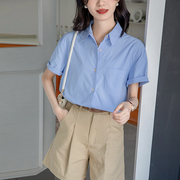 蓝色法式短袖衬衫女夏季休闲设计感职业冰丝通勤港风正装翻领上衣