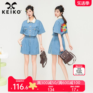 KEIKO 法式复古工装牛仔连体裤女薄款夏季收腰显高显瘦连身衣短裤