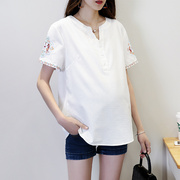 孕妇t恤夏季时尚宽松大码短袖，体恤衫v领百搭中长款白色上衣
