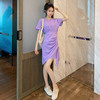 紫色连衣裙女2024春夏装可甜可盐气质a字高腰收腰显瘦t恤裙子
