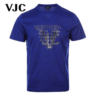 VJC/威杰思2024夏季男装短袖T恤蓝色烫钻时尚休闲圆领半袖