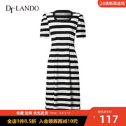 DTLANDO夏季黑白条纹连衣裙法式茶歇泡泡袖侧腰镂空少女长裙