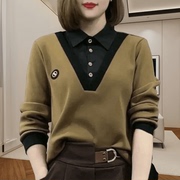 新中式衬衫春季假两件polo领套头长袖，上衣洋气复古打底衫女士