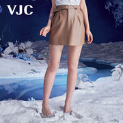 VJC/威杰思秋冬女装咖色pu皮裙复古修身高腰A字短裙