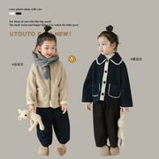utouto大耳象女童碎花边毛绒，外套2023冬季儿童时髦外套个性