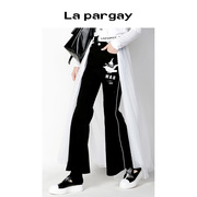 Lapargay纳帕佳女装黑白色裤子个性时尚休闲裤飞鸟印花喇叭裤