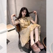 新中式国风黄色泡泡短袖连衣裙，女2024夏季拼接不规则设计感长裙潮