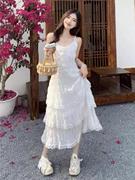 蕾丝拼接白色吊带连衣裙，女夏季2024海边度假长裙，仙女蛋糕裙子